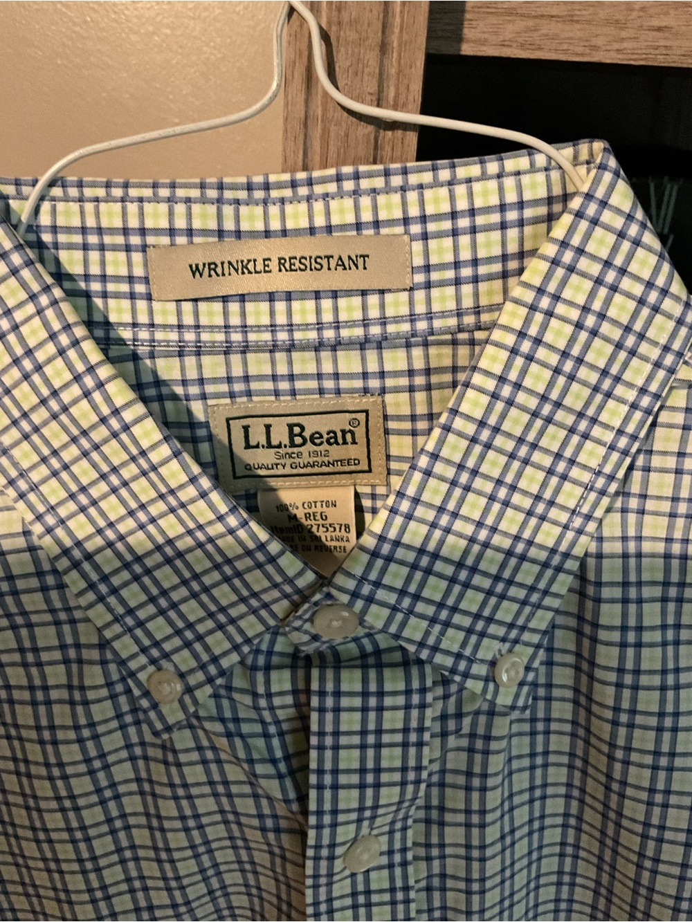 L.L. Bean Men's White Button-Down Shirt with Blue Windowpane Check
